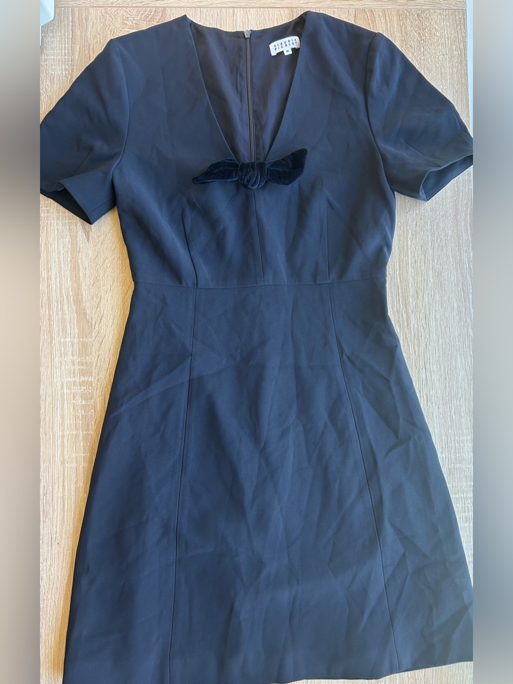Claudia Pierlot Navy V-Neck Mini Dress with Velvet Knot Nautical 36 4 6